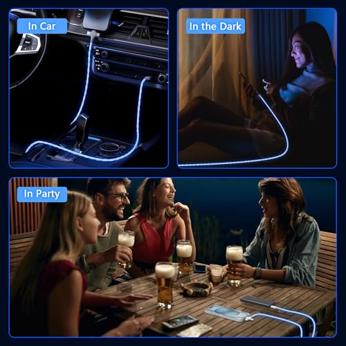 MTAKYI 3-in-1 LED Light Up Flowing Multi iPhone Charger Cable,Lightning/Type C/Micro USB Car RGB Glowing Connector Cord for Apple iPhone 15/14/13/12/11 Pro Max/XR/XS/SE,iPad/Android/Samsung(6.6FT/2M Blue) - Image 2
