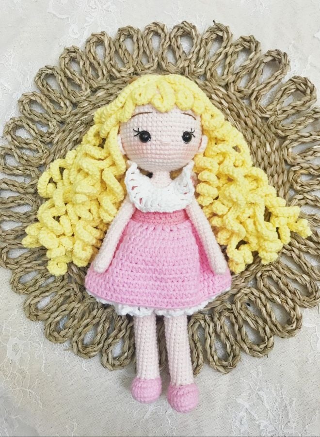 Fatio Handmade Crochet Girl Doll in Pink Dress – 21cm Soft Plush Toy - Image 1