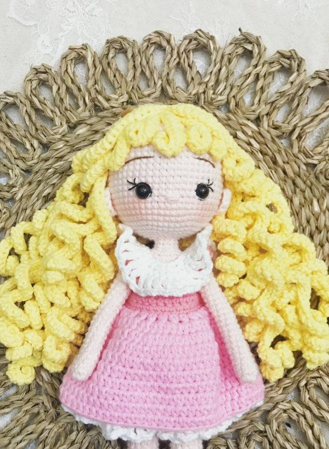 Fatio Handmade Crochet Girl Doll in Pink Dress – 21cm Soft Plush Toy - Image 2