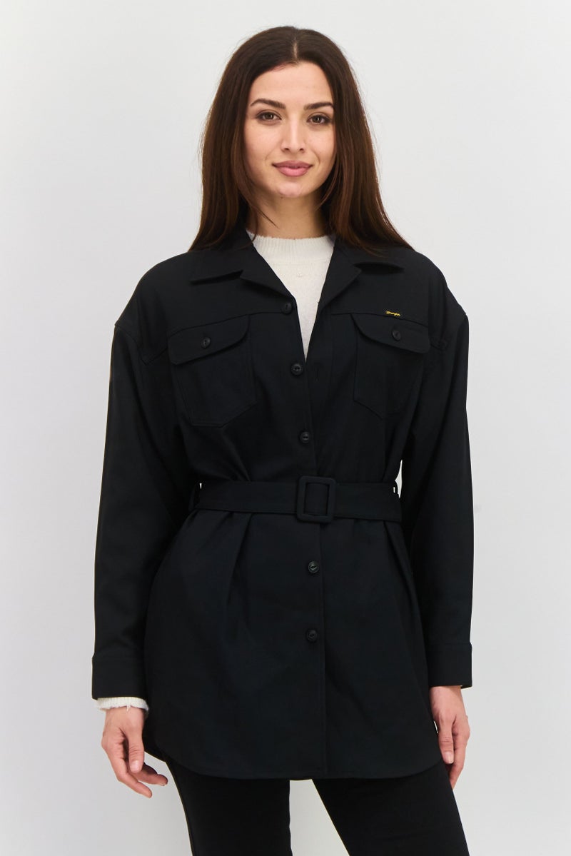 Wrangler Women Solid Belted Shirt Dress, Black - Image 1