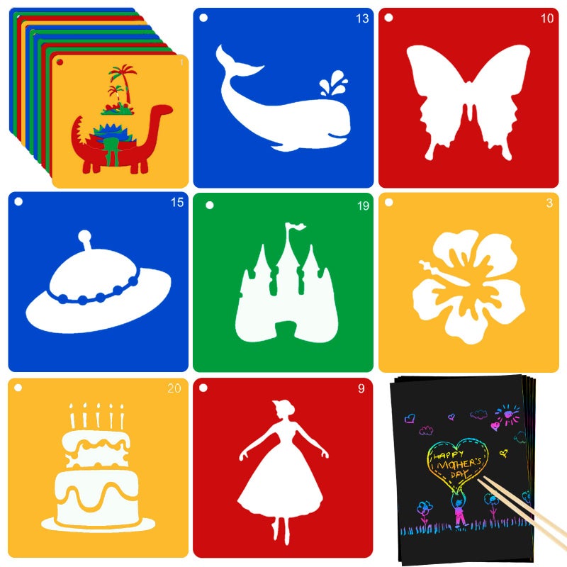 20 Pieces Stencils for Kids with 5 PCS Scratch Paper 8 x 8 Inch Large Stencils Washable Craft Fun Chalk Template for Boys and Girls to Learn Painting
