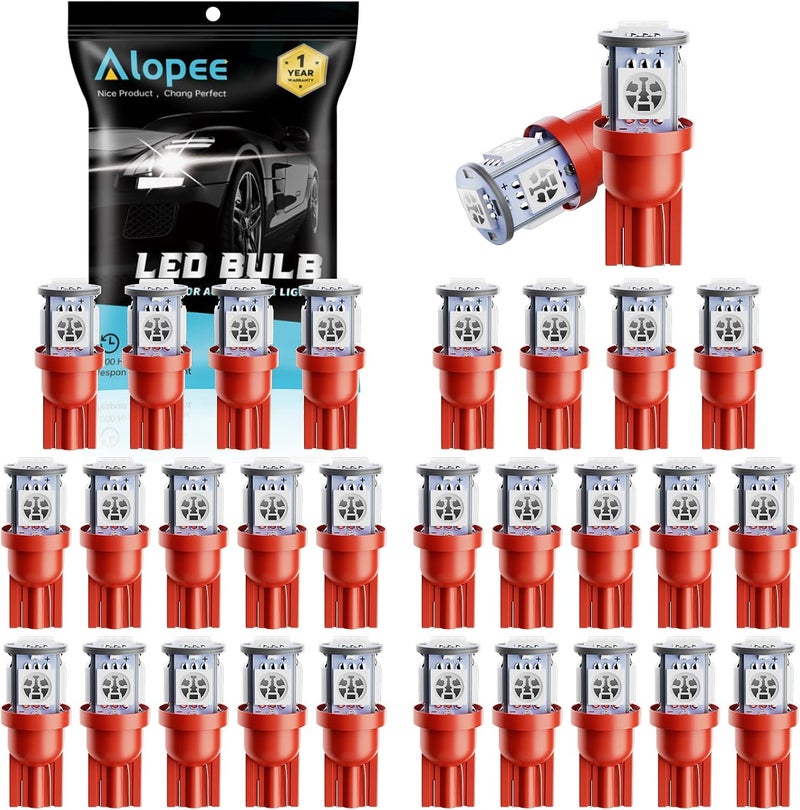 Alopee 30 Pack Led 194 Bulb Red 5050 Chips 5SMD W5W Bulb, DC 12V C194 Led Replacement for T10 158 168 193 198 2825 Car Interior Dome Light Map Light Trunk Light - Image 1