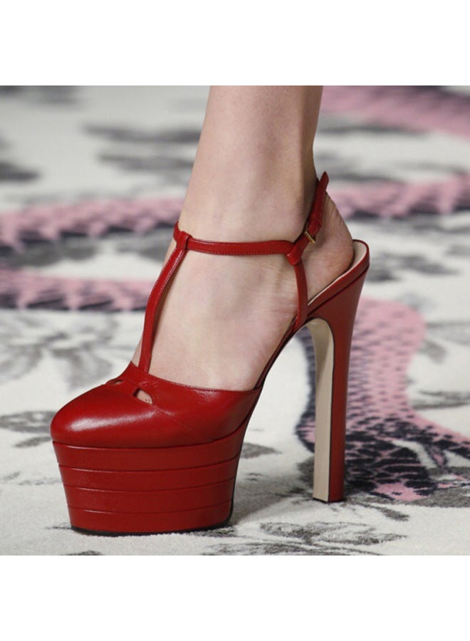 European And American Sky-high Baotou Thick-soled Ultra-high-heeled Waterproof Platform Sandals Catwalk Color Matching Large Size Rivets Banquet Shoes