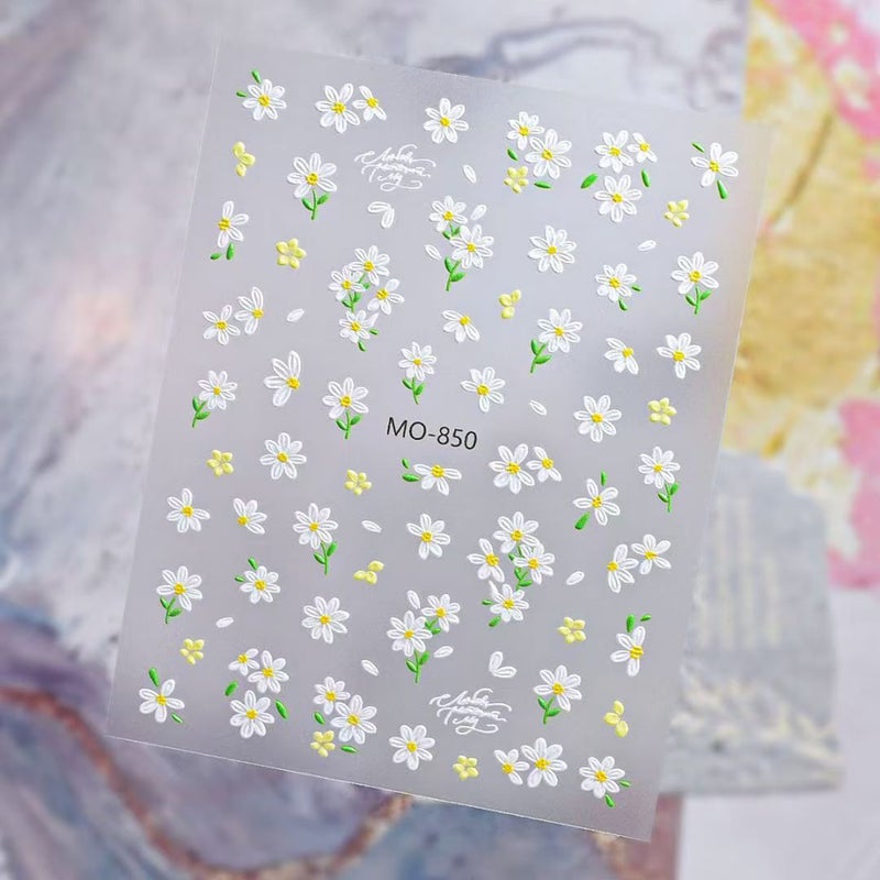 5D Nail Art Stickers – White Daisy Flower Nail Stickers & Embossed Floral Nail Decals | DIY Manicure for Gel Polish, Acrylic & Natural Nails | Spring Summer Nail Decorations for Women