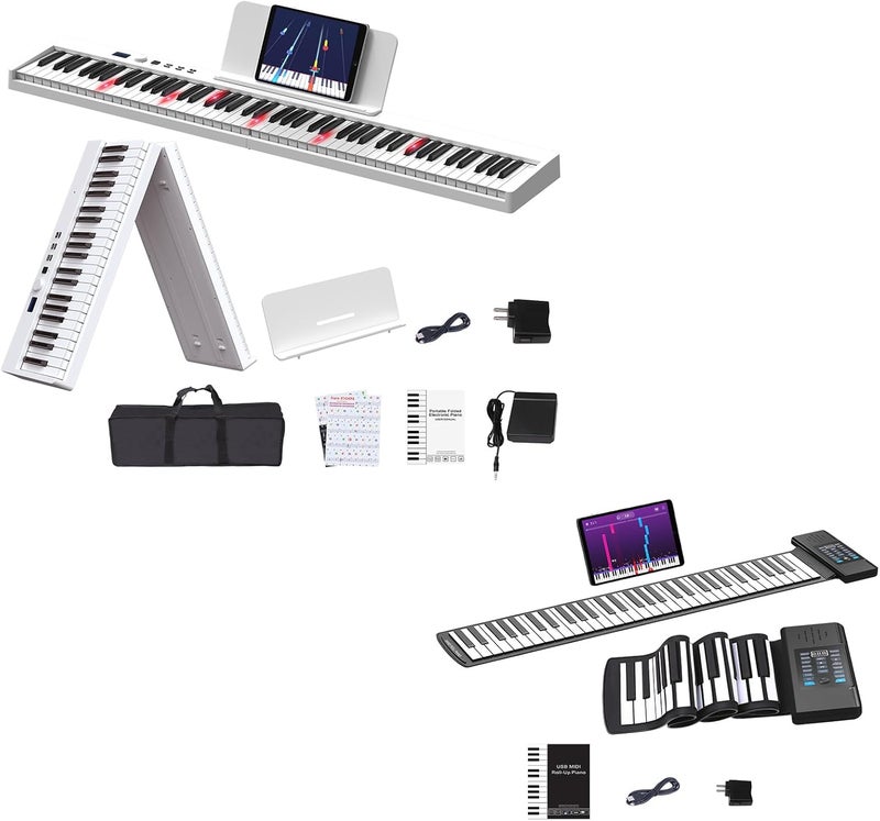 KONIX Folding Piano Keyboard Bundle 61 Key Roll Up Piano - Image 1