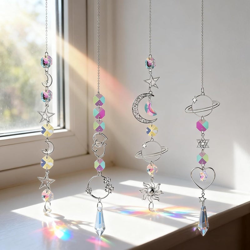 HASTHIP® 4Pcs Suncatcher Charm Room Decor, 34CM Sparkling Shining Crystal Sun Moon String Charm Hanging Ornament Wind Chime Suncatcher Charm for Door, Room, Gift - Image 1