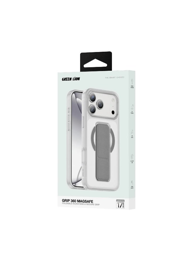 GREEN LION iPhone 17 Pro MagSafe Case GRIP 360 Back Cover / Leather Grip Strap / Foldable Stand / Strong Magnets / Drop Protection / Camera Protection / Scratch Resistant - Silver Titanium - Image 3