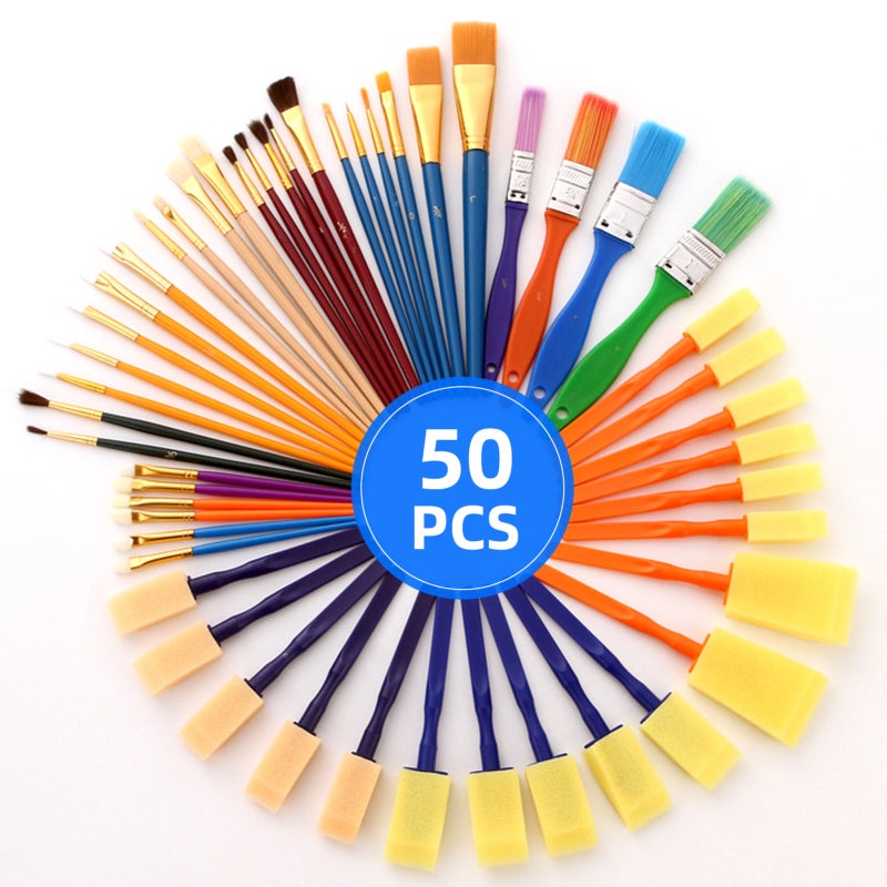 Paintbrush Kit 50PCS Multicolor: Premium Nylon Bristle Horse Hair Sponge Brushes - Versatile For Watercolor Oil Acrylic Face Nail Craft Painting For Kids & Art Enthusiasts - Image 2