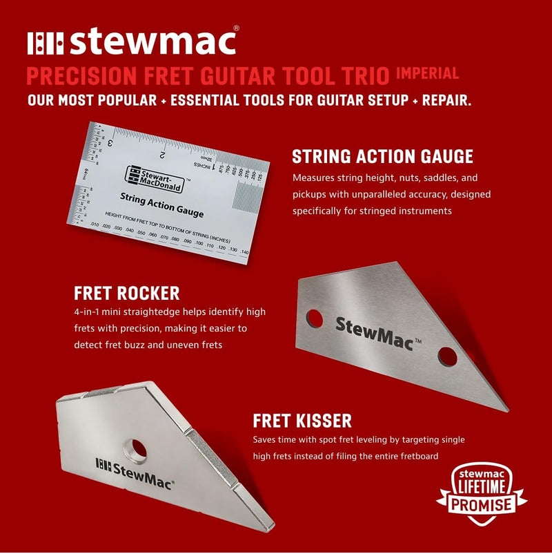 StewMac Store Precision Fret Guitar Tool Trio, Imperial – String Action Gauge, Fret Rocker, Fret Kisser for Guitar Setup & Repair - Image 2