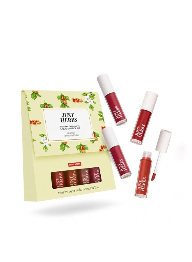Just Herbs Herb Enriched Matte Liquid Lipstick | Set of 4 | Ayurvedic Lipstick for Women | Hydrating & Lightweight | Long Lasting (Deeps and Reds) - Image 1