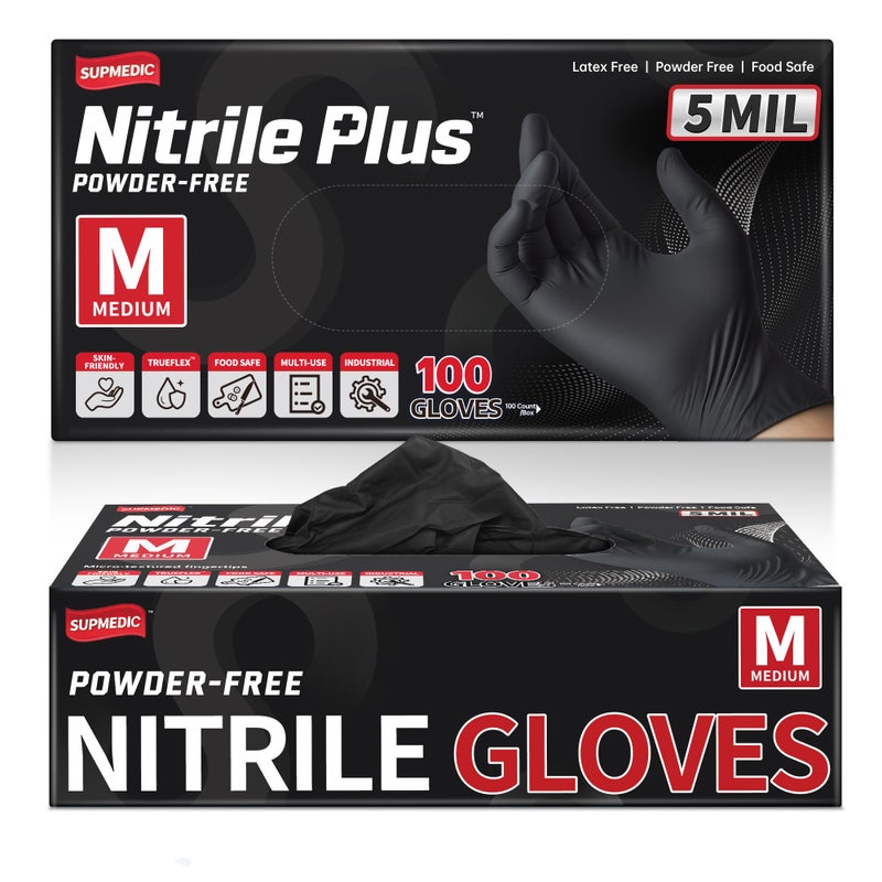 Supmedic Black Nitrile Exam Gloves, 5 Mil Chemical Resistant Powder-Free Food Safe Disposable Medical Glove 100Pcs (Medium) - Image 1