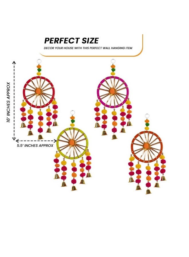 Comelyns Wool Handmade Colorful Pom Pom Bell Wall and Door Decor Hangings for Home|Festive Decoration|Balcony,Room,Temple Decoration|Pooja Room Decoration|Decorative Hanging Items|Pack of 4, Multi - Image 2