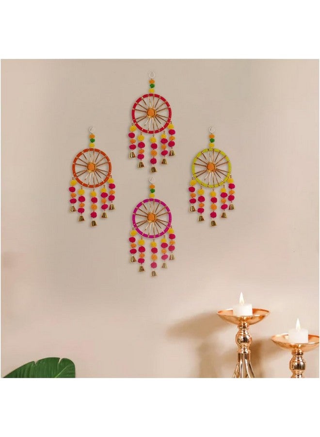 Comelyns Wool Handmade Colorful Pom Pom Bell Wall and Door Decor Hangings for Home|Festive Decoration|Balcony,Room,Temple Decoration|Pooja Room Decoration|Decorative Hanging Items|Pack of 4, Multi - Image 1