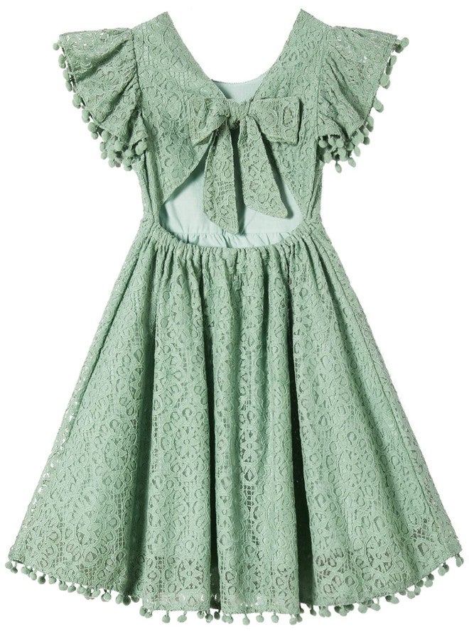 Niyage Tie-Back Toddler Dress Girls Lace Bow Backless Pom Pom Flutter Sleeves Party Princess Dresses Sage Green 100 - Image 1