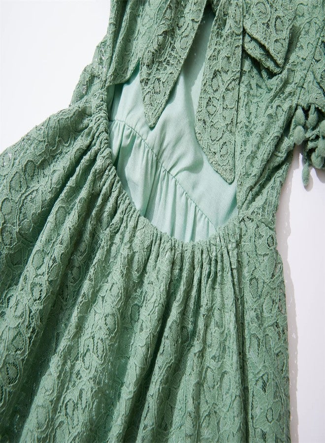 Niyage Tie-Back Toddler Dress Girls Lace Bow Backless Pom Pom Flutter Sleeves Party Princess Dresses Sage Green 100 - Image 2