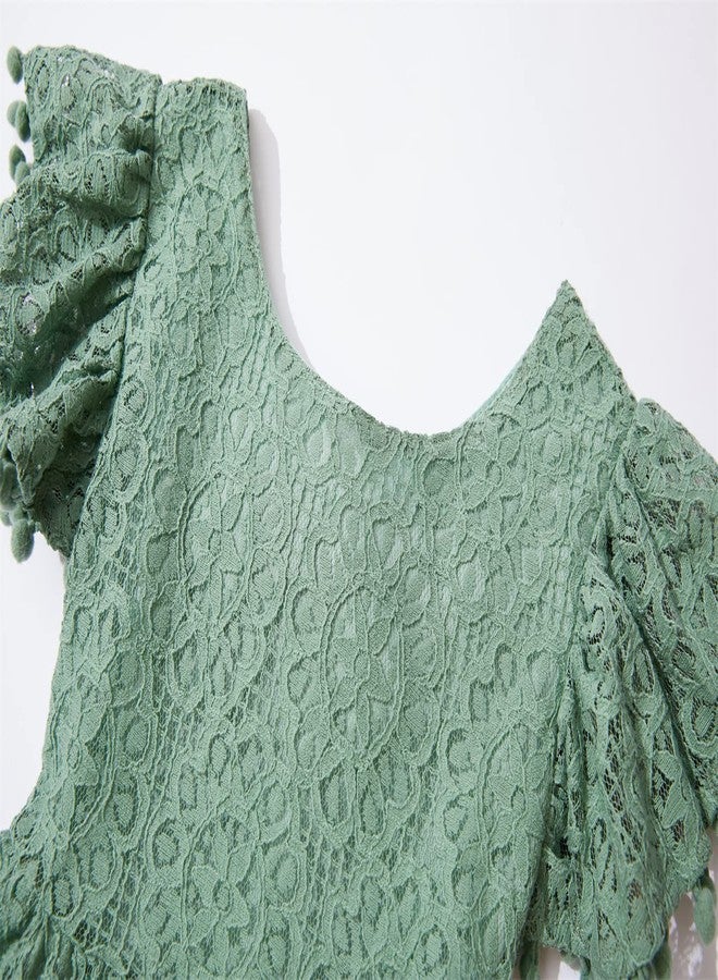 Niyage Tie-Back Toddler Dress Girls Lace Bow Backless Pom Pom Flutter Sleeves Party Princess Dresses Sage Green 100 - Image 5