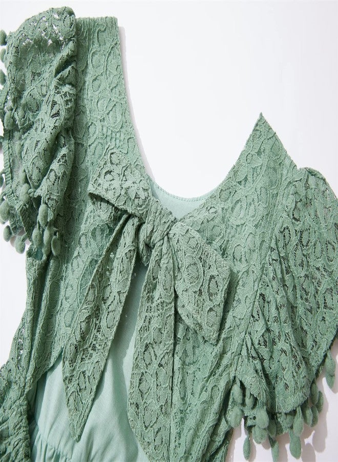 Niyage Tie-Back Toddler Dress Girls Lace Bow Backless Pom Pom Flutter Sleeves Party Princess Dresses Sage Green 100 - Image 4