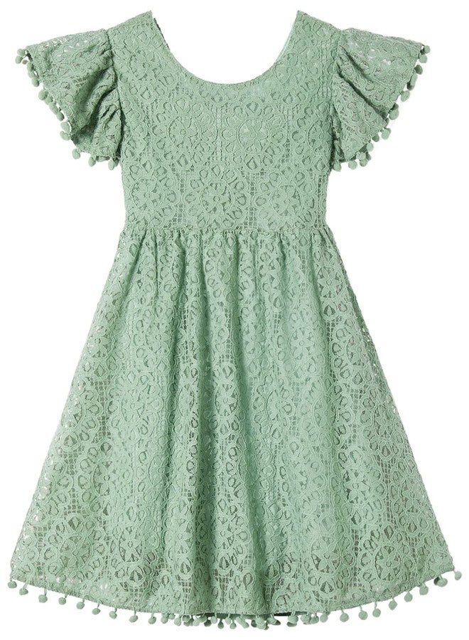 Niyage Tie-Back Toddler Dress Girls Lace Bow Backless Pom Pom Flutter Sleeves Party Princess Dresses Sage Green 100 - Image 3