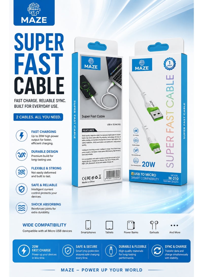 ميذ كابل شحن سريع ونقل بيانات عالي السرعة (20 واط) من USB إلى Micro USB؛ كابل شحن متين من السيليكون مزود بموصلات من سبائك الألومنيوم؛ متوافق مع هواتف أندرويد، والأجهزة اللوحية، وبنوك الطاقة، ومكبرات الصوت، والأجهزة الإلكترونية (طول 1 متر). - Image 2