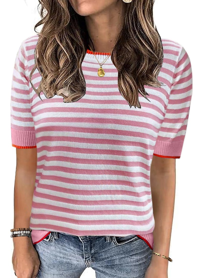 Lafural 3/4 Length Sleeve Womens Tops Summer Short Sleeve Shirts Striped Sweater Cute Casual Top Trendy Women Clothing Crewneck Knit Blouses Pink S - Image 1
