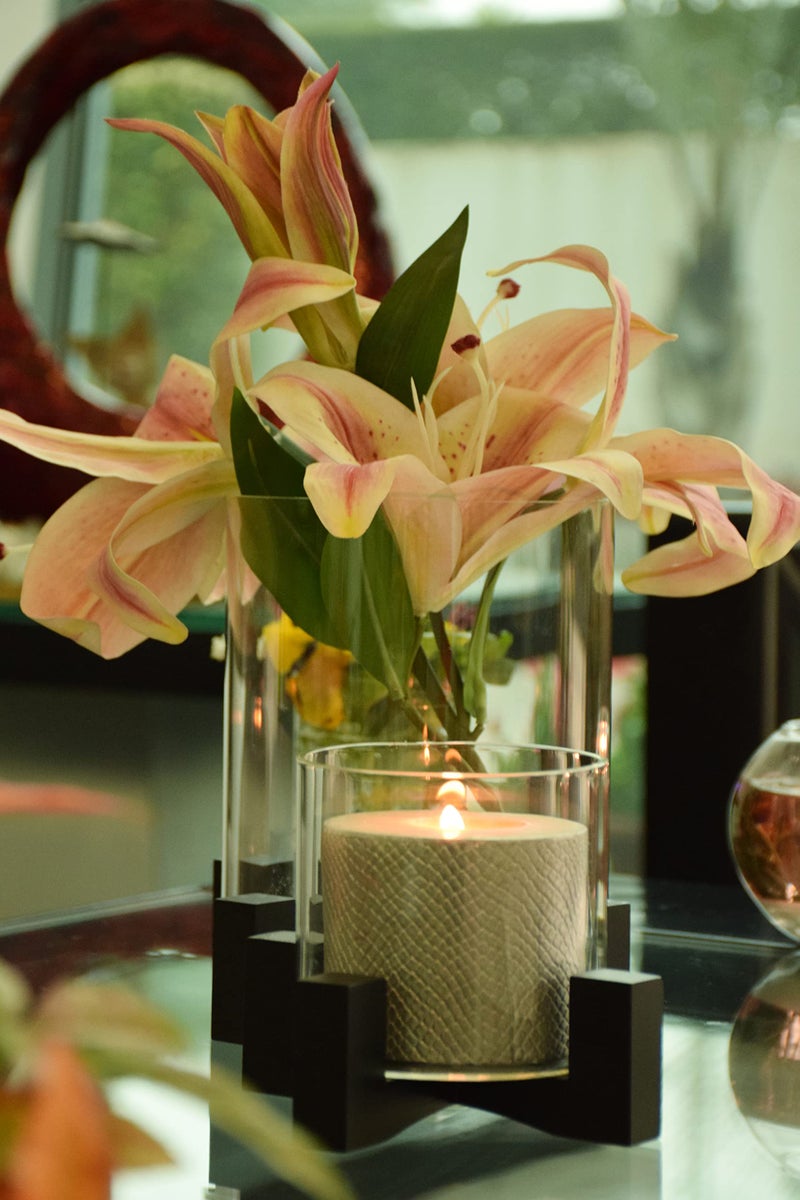 LABZIOHome Decor – Elegant Candle Stand & Flower Vase with Wooden Base & Borosilicate 3.3mm Glass Cylinder (Black, Small) – Diwali & Christmas Gift, Diya Holder & Decorative Showpiece - Image 4