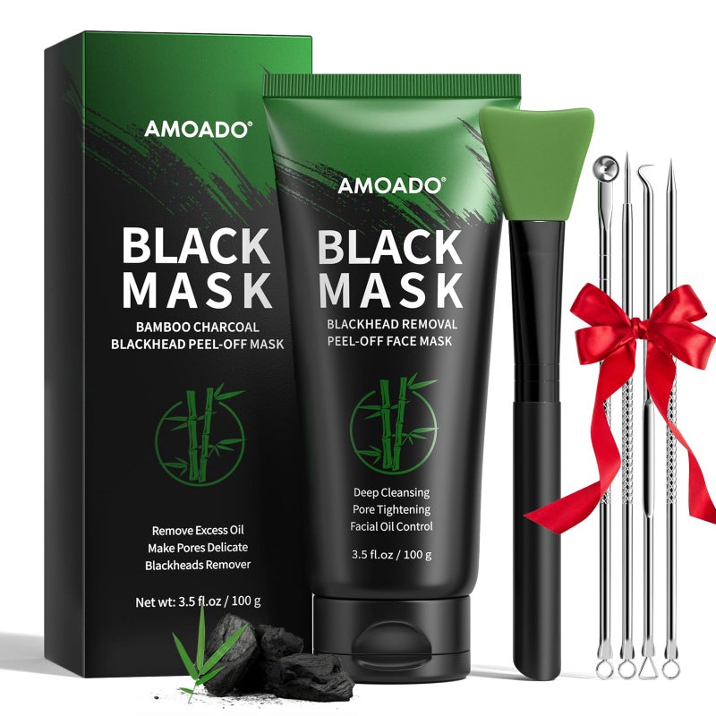 AMOADO Blackhead Remover Mask, Charcoal Peel Off Face Mask Kit, (100g) Deep Pore Cleans,Oil Control, Blackheads Peel Off Black Mask for Men & Women â€“ Includes Brush,Extractor Tool - Image 1