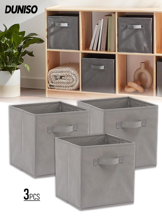 DUNISO Collapsible Fabric Storage Cubes Organizer with Handles,Set of 3 Grey Storage Cubes  Fabric Bins with Handles for Clothes Toys Books Organization(30x30x30 cm) - Image 1