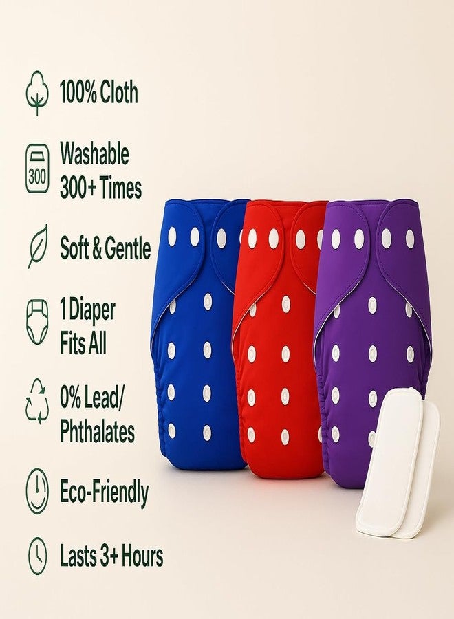 Kritiu Reusable Cloth Baby Diapers with Insert Pads | Soft & Washable Cotton Nappies | Adjustable & Leak Proof | Newborn to Toddler | 3 Diapers + 2 Insert Pads - Image 2