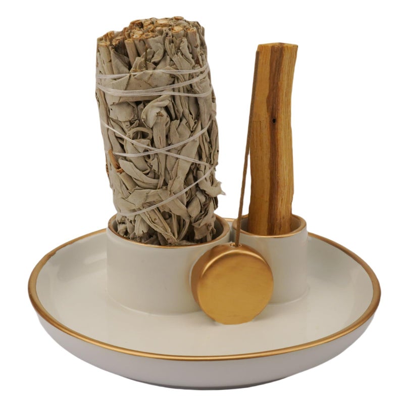 Fancy Lemon 4 in 1 Incense Holder, Ceramic Incense Stick and Palo Santo Holder,Sage Holder for Burning- 4.25" Ceramic Ash Catcher Tray for Meditation and Yoga Room (White Golden) - Image 1