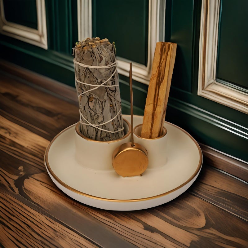 Fancy Lemon 4 in 1 Incense Holder, Ceramic Incense Stick and Palo Santo Holder,Sage Holder for Burning- 4.25" Ceramic Ash Catcher Tray for Meditation and Yoga Room (White Golden) - Image 5