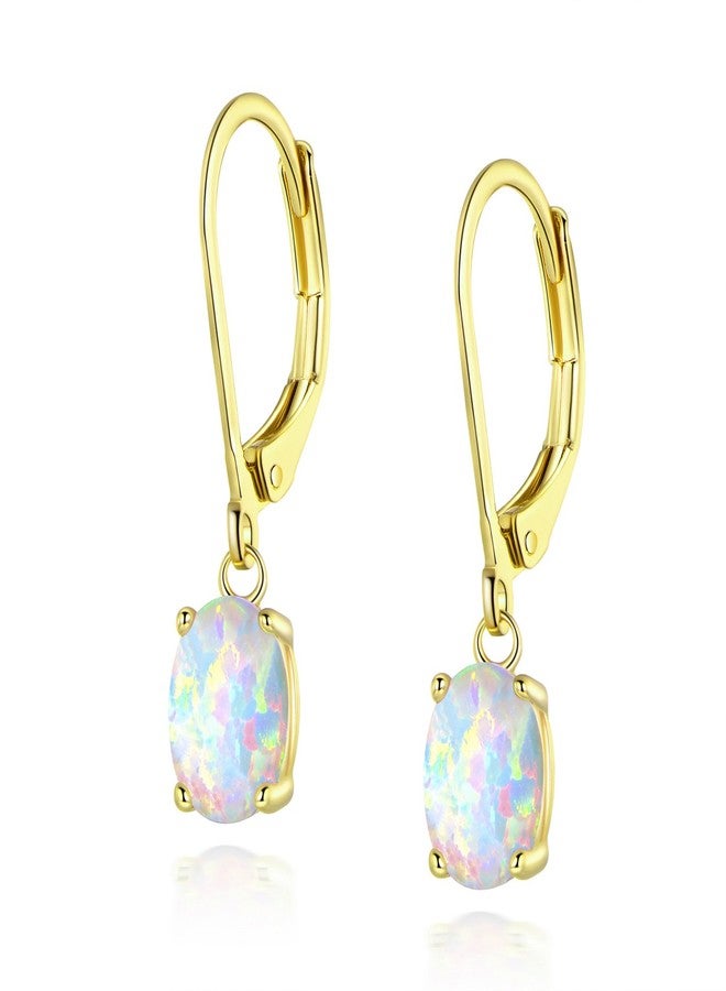 VOLUKA 18K Gold Plated Created Earrings White Opal Oval 6x8MM Leveback Dangle Earrings for Women - Image 1