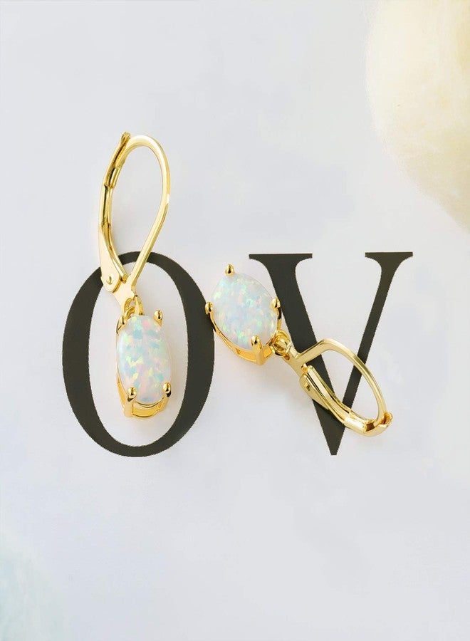 VOLUKA 18K Gold Plated Created Earrings White Opal Oval 6x8MM Leveback Dangle Earrings for Women - Image 5