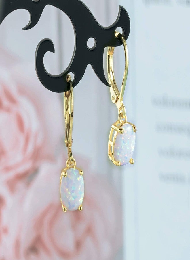 VOLUKA 18K Gold Plated Created Earrings White Opal Oval 6x8MM Leveback Dangle Earrings for Women - Image 4