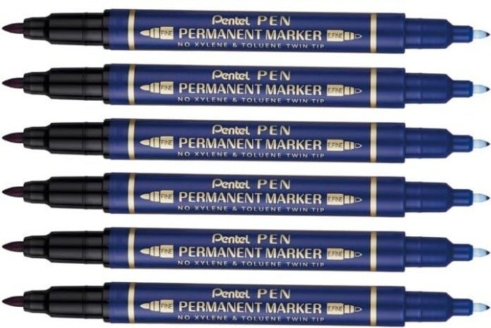 Pentel N75W-C Permanent Marker  Twin Tip, Blue - 06 Pcs - Image 1