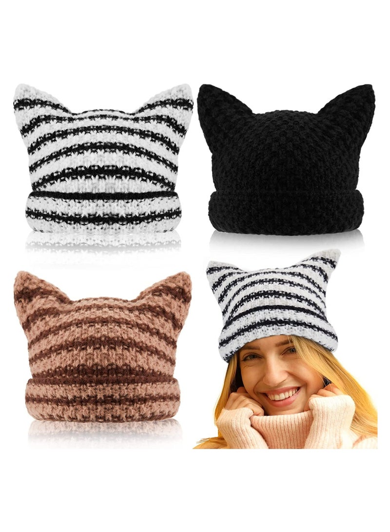 Winter Warm Cap, 3Pcs Women Knitted Beanie Set with Cat Ears and Horns, Slouchy Crochet Hat for Cold Weather, Stylish and Cozy Knit Caps for Women - Image 1