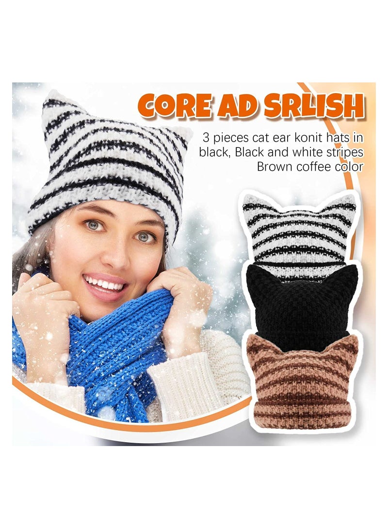 Winter Warm Cap, 3Pcs Women Knitted Beanie Set with Cat Ears and Horns, Slouchy Crochet Hat for Cold Weather, Stylish and Cozy Knit Caps for Women - Image 2