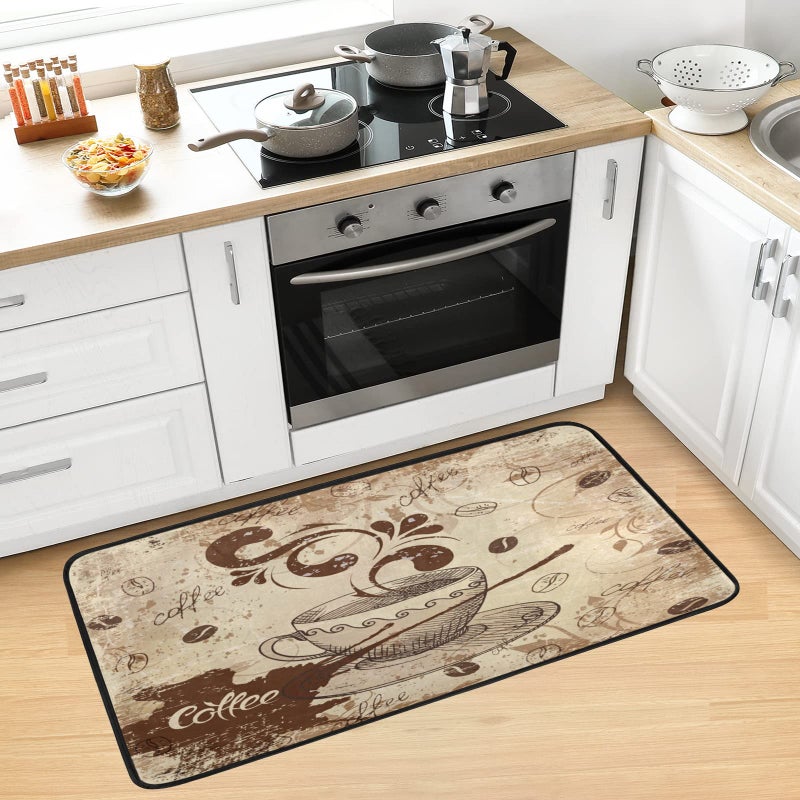 BOENLE Coffee Cup Kitchen Rug Washable Bath Floor Mat Retro Non-Slip Runner Carpet Doormat for Bathroom Living Room Bedroom 39x20 inch - Image 1