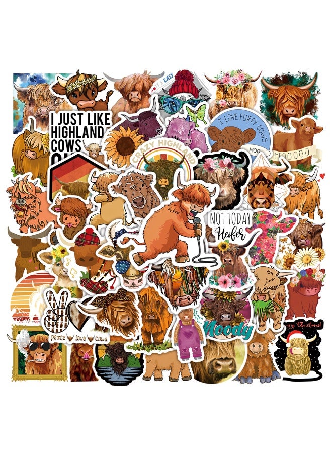 NIBEMINENT 50 Pcs Cartoon Highl And Beef Deco Kit Waterproof Stickers, High Definition Printing Bright Colors, Suitable for Laptop Skateboard Luggage Water Bottle Guitar DIY - Image 1