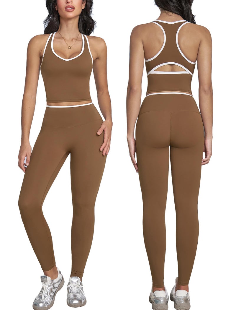 ABOCIW Workout Sets for Women Color Block Gym Set V Neck Racerback Tank Top Built in Bra High Waist Tummy Control Leggings Yoga Pilates Outfits Athletic Work Out Clothes Brown Small - Image 1