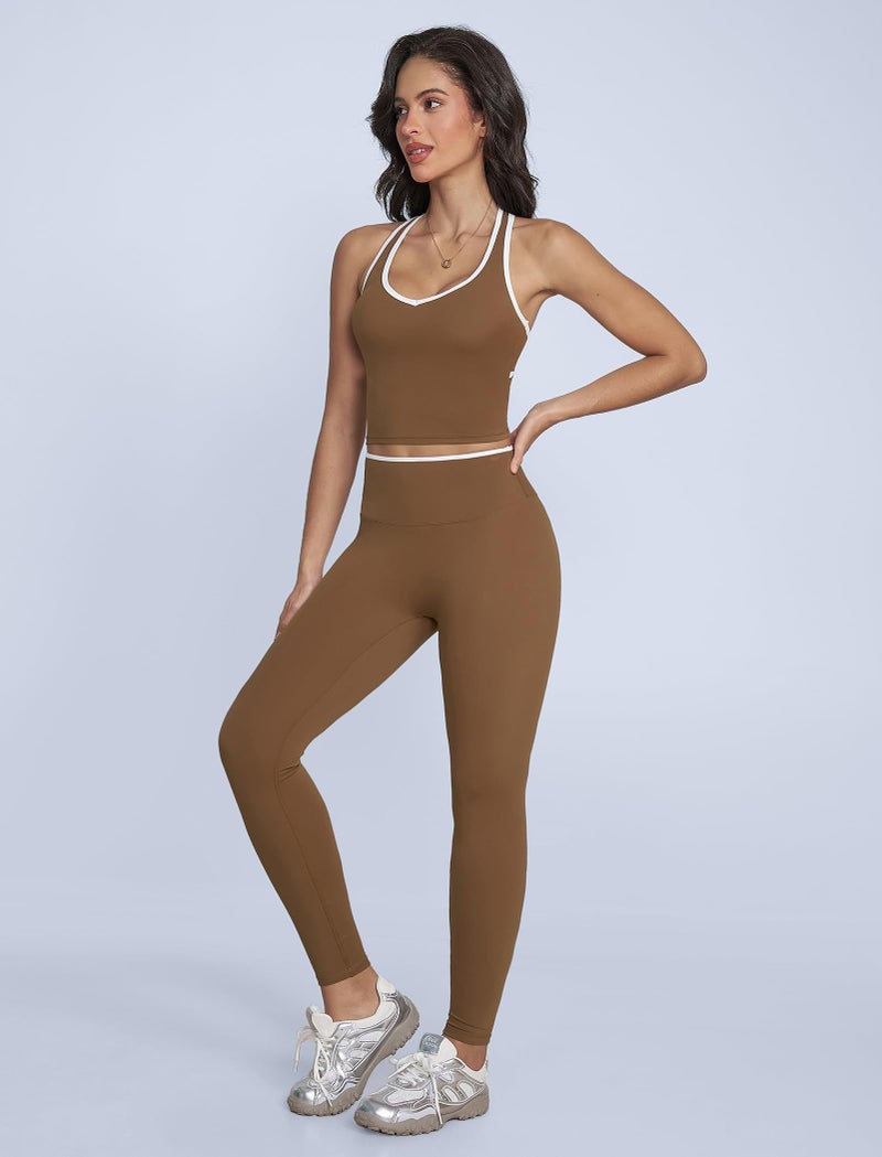 ABOCIW Workout Sets for Women Color Block Gym Set V Neck Racerback Tank Top Built in Bra High Waist Tummy Control Leggings Yoga Pilates Outfits Athletic Work Out Clothes Brown Small - Image 4