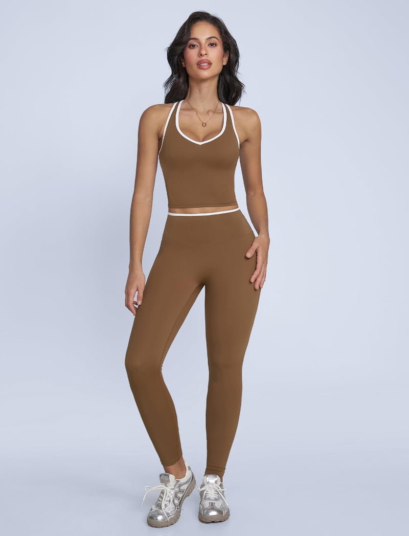 ABOCIW Workout Sets for Women Color Block Gym Set V Neck Racerback Tank Top Built in Bra High Waist Tummy Control Leggings Yoga Pilates Outfits Athletic Work Out Clothes Brown Small - Image 2
