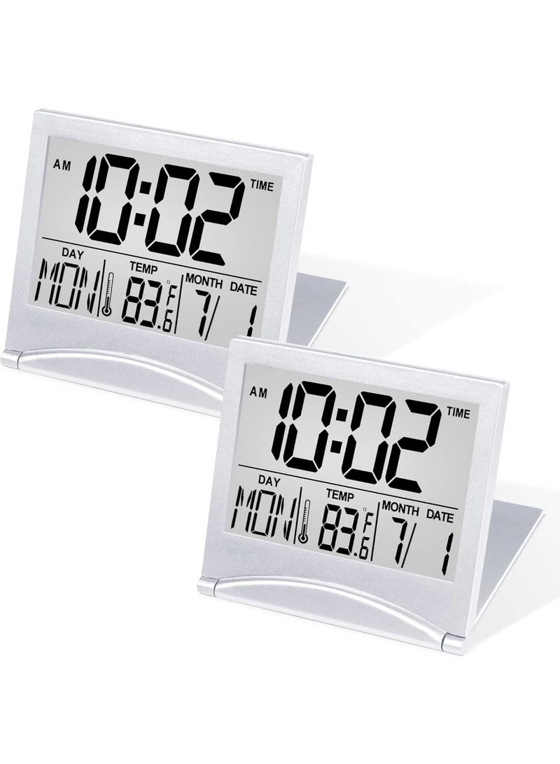 SOLARAE ساعة إنذار سفر رقمية، 2 قطعة تقويم قابل للطي مع مؤقت درجة الحرارة، ساعة LCD مع وضع الغفوة، عرض أرقام كبير، تعمل بالبطارية، ساعة مكتب مدمجة لجميع الأعمار (فضي) - Image 1