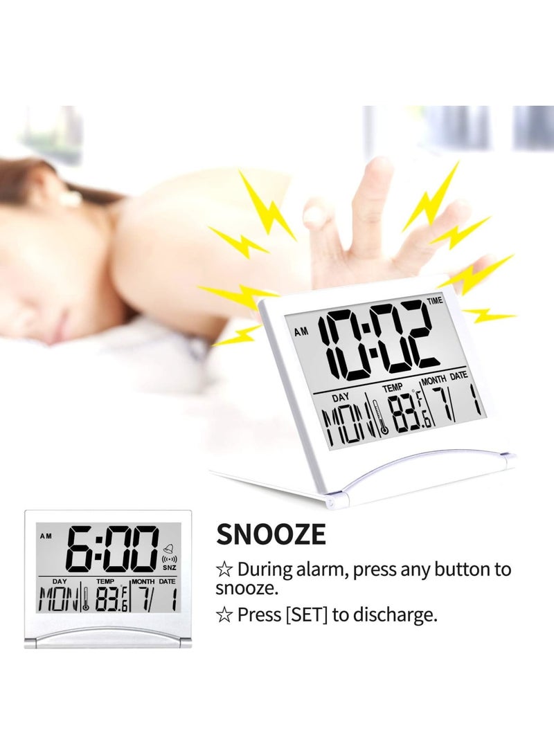 SOLARAE ساعة إنذار سفر رقمية، 2 قطعة تقويم قابل للطي مع مؤقت درجة الحرارة، ساعة LCD مع وضع الغفوة، عرض أرقام كبير، تعمل بالبطارية، ساعة مكتب مدمجة لجميع الأعمار (فضي) - Image 4