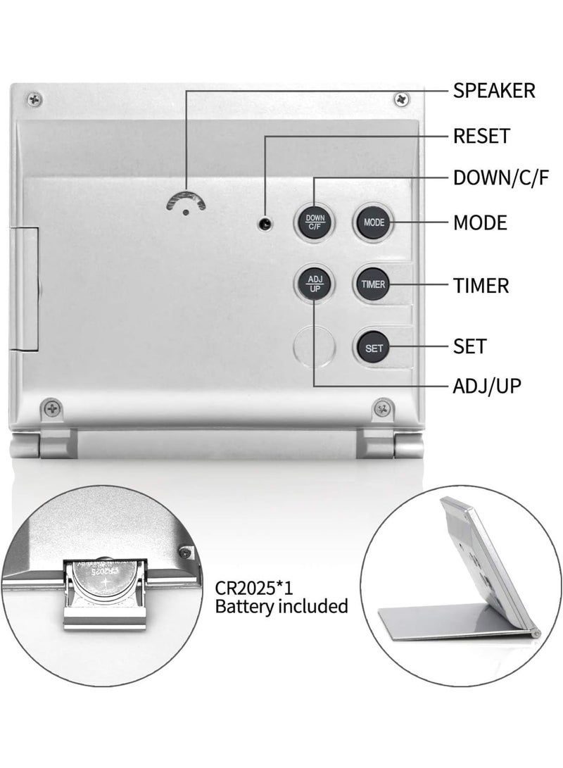 SOLARAE ساعة إنذار سفر رقمية، 2 قطعة تقويم قابل للطي مع مؤقت درجة الحرارة، ساعة LCD مع وضع الغفوة، عرض أرقام كبير، تعمل بالبطارية، ساعة مكتب مدمجة لجميع الأعمار (فضي) - Image 3
