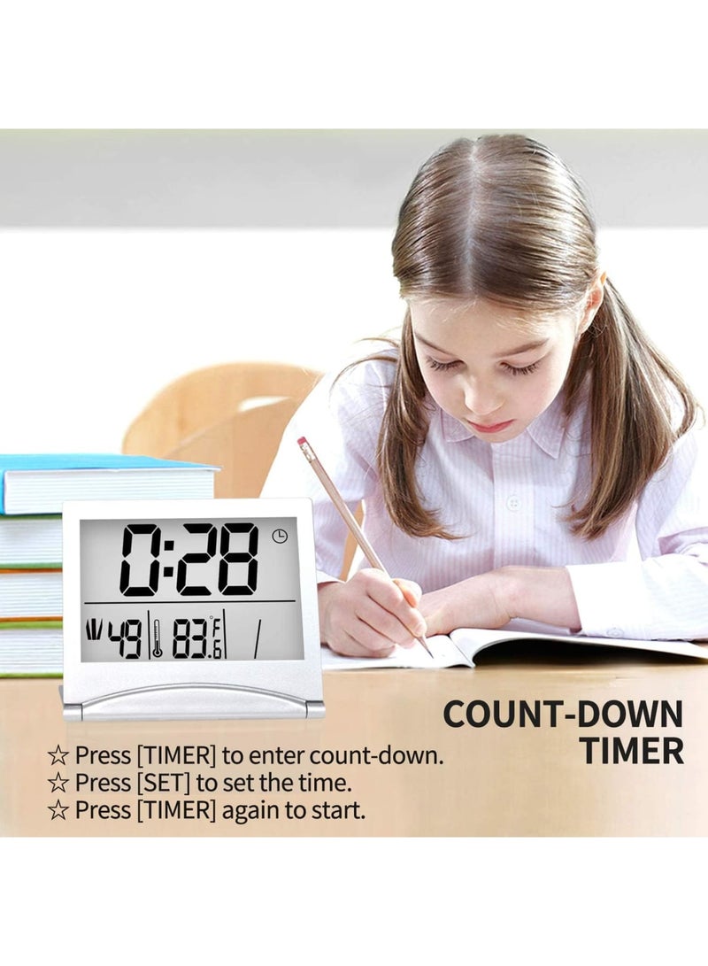 SOLARAE ساعة إنذار سفر رقمية، 2 قطعة تقويم قابل للطي مع مؤقت درجة الحرارة، ساعة LCD مع وضع الغفوة، عرض أرقام كبير، تعمل بالبطارية، ساعة مكتب مدمجة لجميع الأعمار (فضي) - Image 5