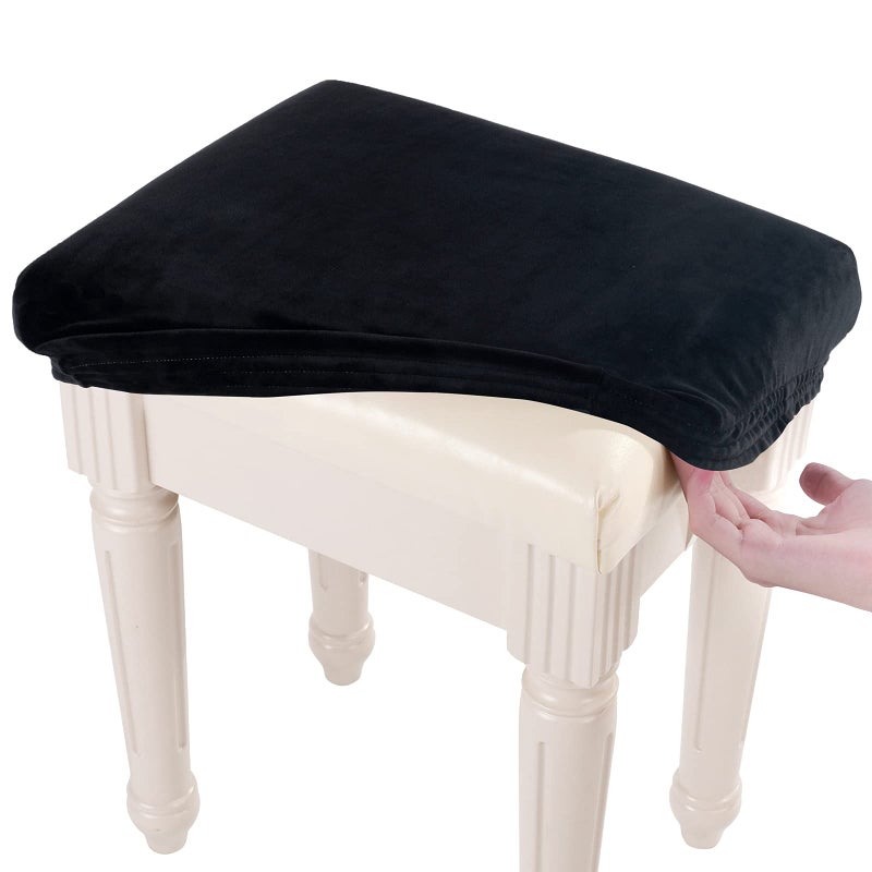 SINOSSO Soft Velvet Vanity Bench Cover, (15"- 19.5") L x (11.8"- 15.7") W Stretch Washable Rectangle Saddle Bar Stool Slipcover, (XS, Black) - Image 1