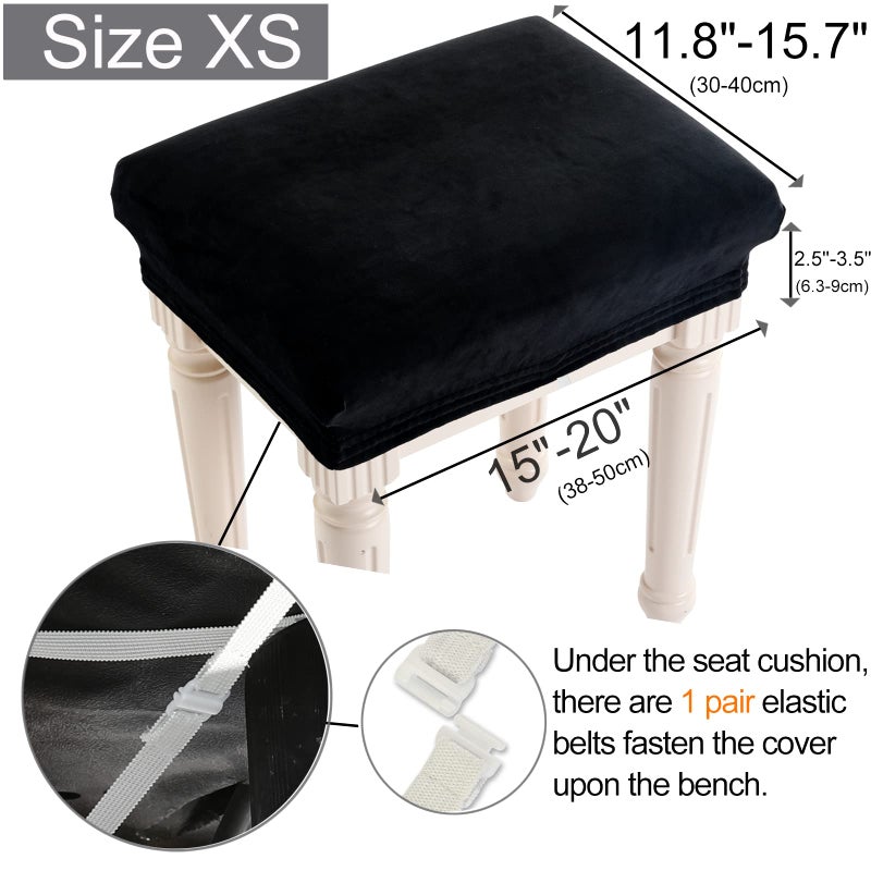 SINOSSO Soft Velvet Vanity Bench Cover, (15"- 19.5") L x (11.8"- 15.7") W Stretch Washable Rectangle Saddle Bar Stool Slipcover, (XS, Black) - Image 2