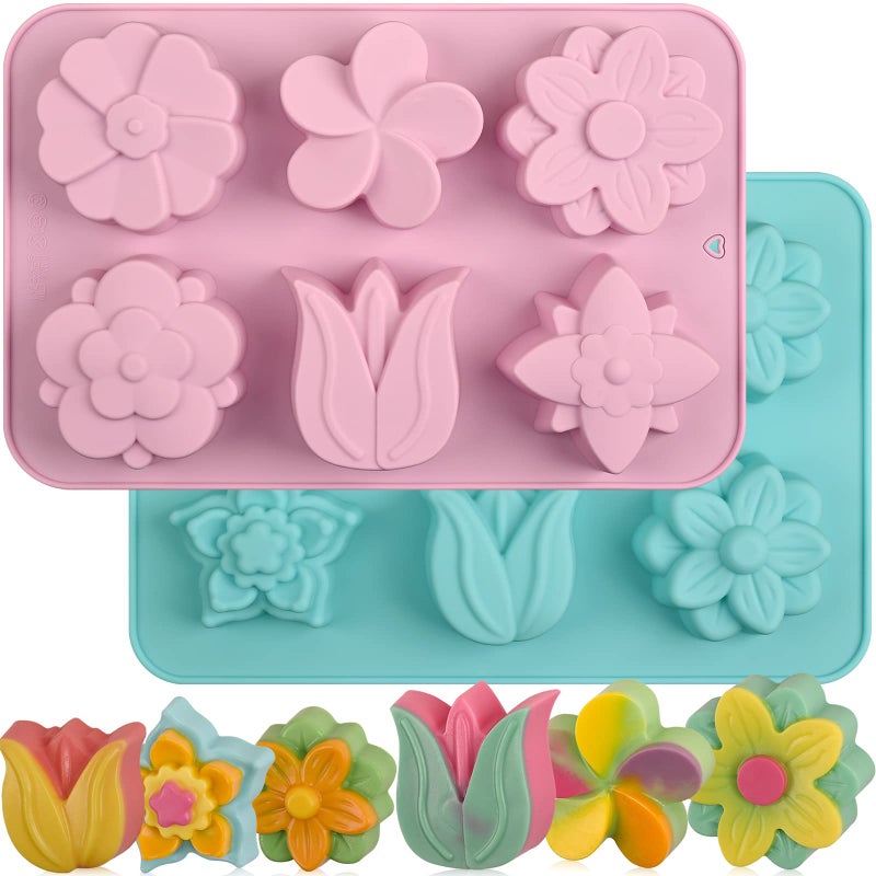 Sakolla 6-Cavity Flower Soap Molds Silicone, 2 Pack Tulip Different Flower Shapes Silicone Molds for Soap, Lotion Bar, Bath Bombs, Chocolate, Candy Baking Molds Jelly, Ice Cube Tray - Image 1