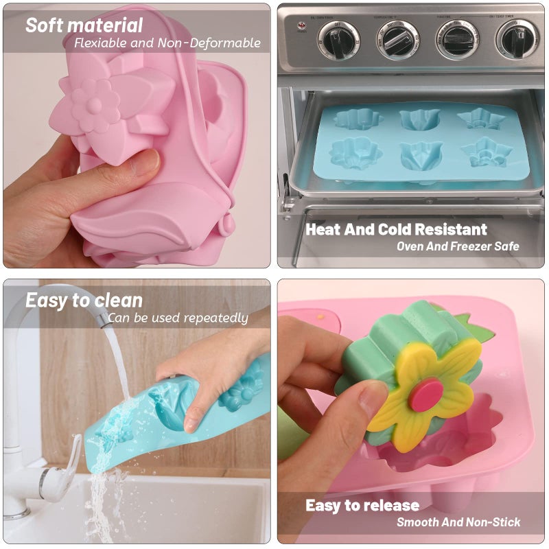 Sakolla 6-Cavity Flower Soap Molds Silicone, 2 Pack Tulip Different Flower Shapes Silicone Molds for Soap, Lotion Bar, Bath Bombs, Chocolate, Candy Baking Molds Jelly, Ice Cube Tray - Image 4