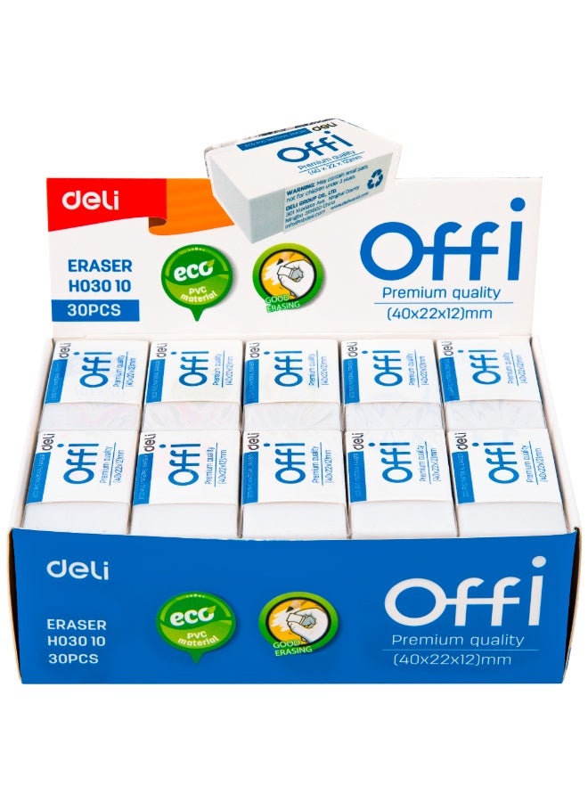 Deli EH03010 Eraser, 1 box with 30 pcs, Eco-PVC Material, Soft and Comfortable Grip, Extra Clean Erasing for Exam Use, 40脳22脳12mm - Image 2